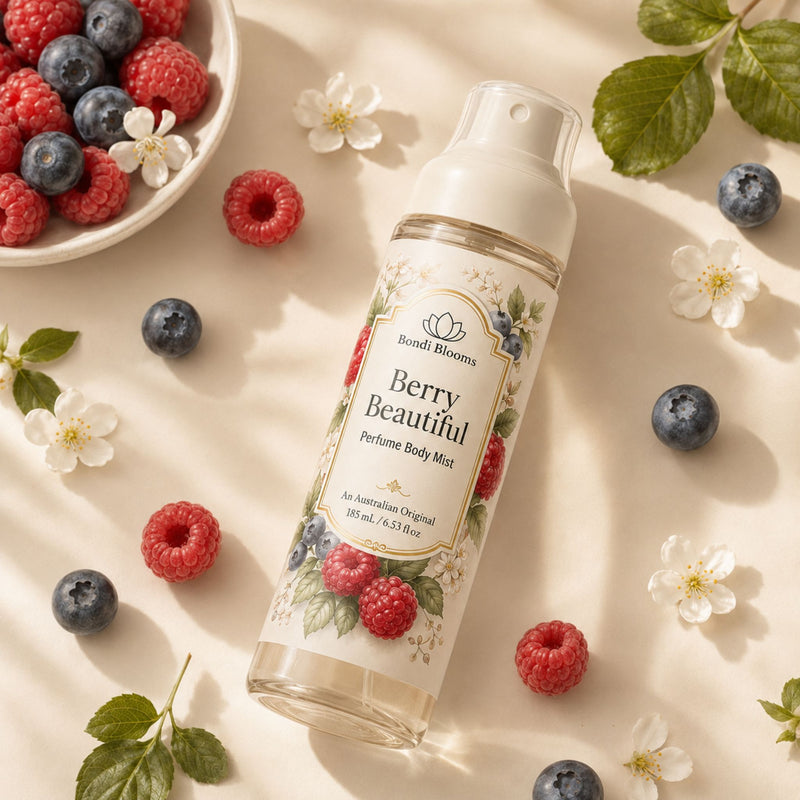 Berry Beautiful Body Mist flat lay with raspberries, blueberries, green leaves and soft floral accents