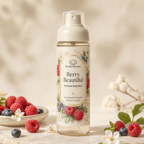 A bottle of Bondi Blooms 'Berry Beautiful' perfume body mist stands on a light stone surface, surrounded by fresh raspberries, blueberries, white blossoms, and soft beige leaves. The bottle has a cream-colored pump and a label decorated with illustrations of raspberries, blueberries, and green leaves.