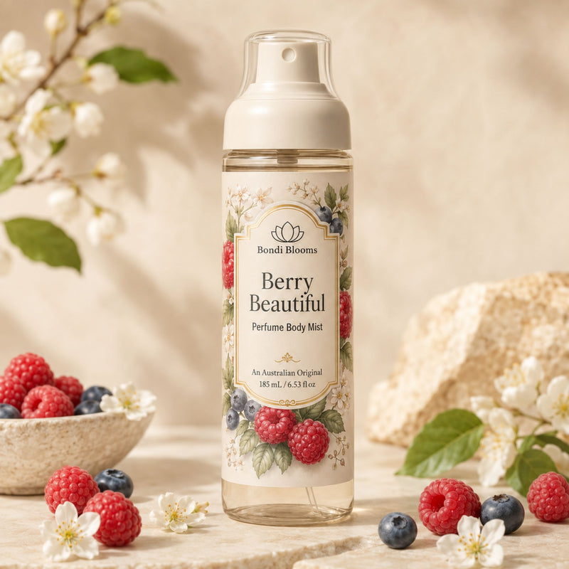 A bottle of Bondi Blooms Berry Beautiful Perfume Body Mist stands on a stone surface with raspberries, blueberries, white blossoms, and a woven textile in the background, creating a warm, natural aesthetic.
