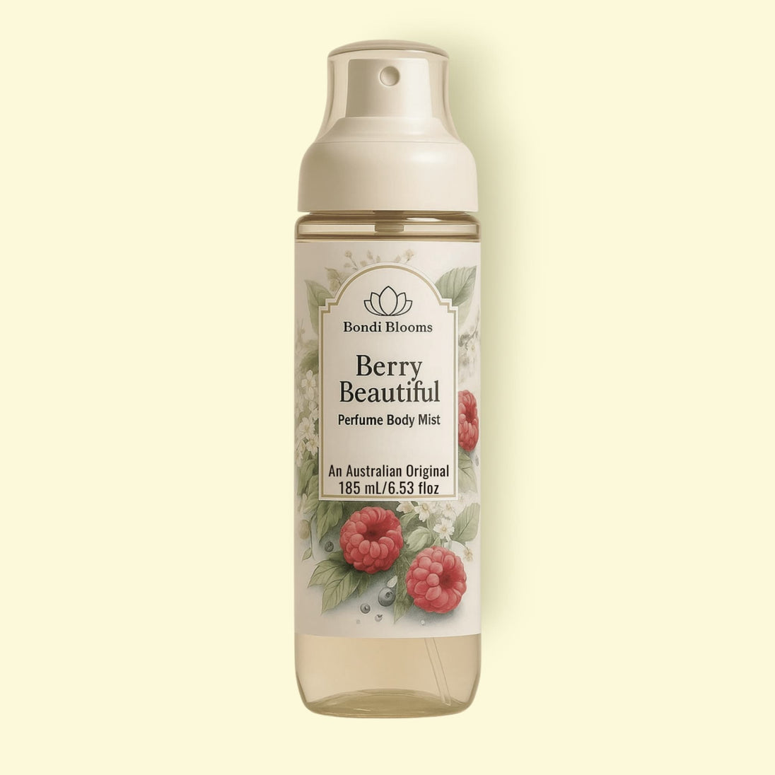 bottle of berry perfume body and hair mist with berries on label on yellow background representing best long lasting Australian body and hair summery perfumes and mists.