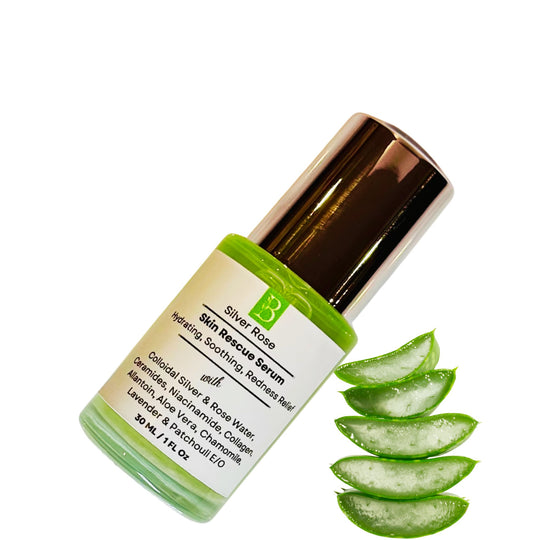 Natural healing serum with colloidal silver, ceramide, hyaluronic acid for instant eczema relief in environmentally friendly bottle with fresh aloe vera slices highlighting organic serum ingredients.