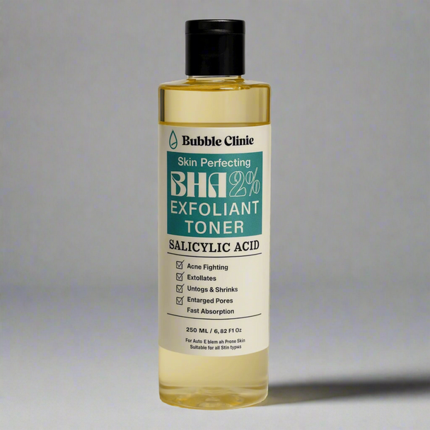 Bottle of Bubble Clinic Skin Perfecting BHA 2% Liquid Exfoliant Toner on a white background representing Australian natural skincare for acne