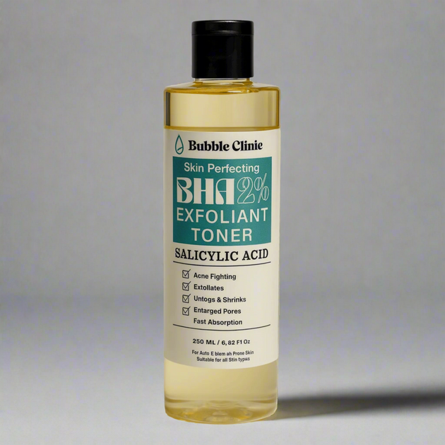 Bottle of Bubble Clinic Skin Perfecting BHA 2% Liquid Exfoliant Toner on a white background representing Australian natural skincare for clear skin