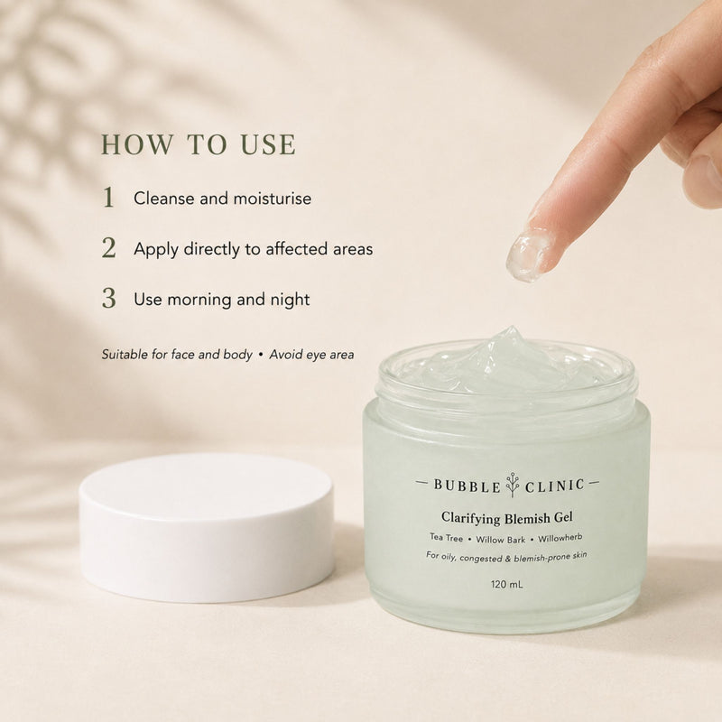 How to apply Bubble Clinic Clarifying Blemish Gel morning and night to affected areas on face or body