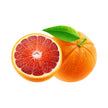 blood orange slice and whole blood orange with green leaf on white background representing premium therapeutic grade blood orange essential oil. 