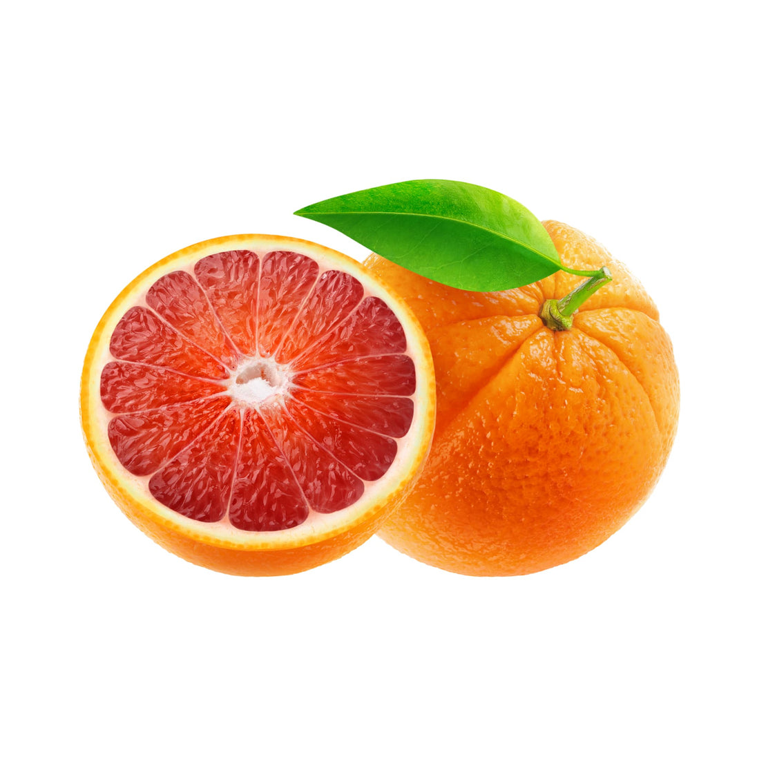 blood orange slice and whole blood orange with green leaf on white background representing premium therapeutic grade blood orange essential oil. 