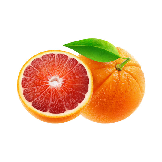 blood orange slice and whole blood orange with green leaf on white background representing premium therapeutic grade blood orange essential oil. 