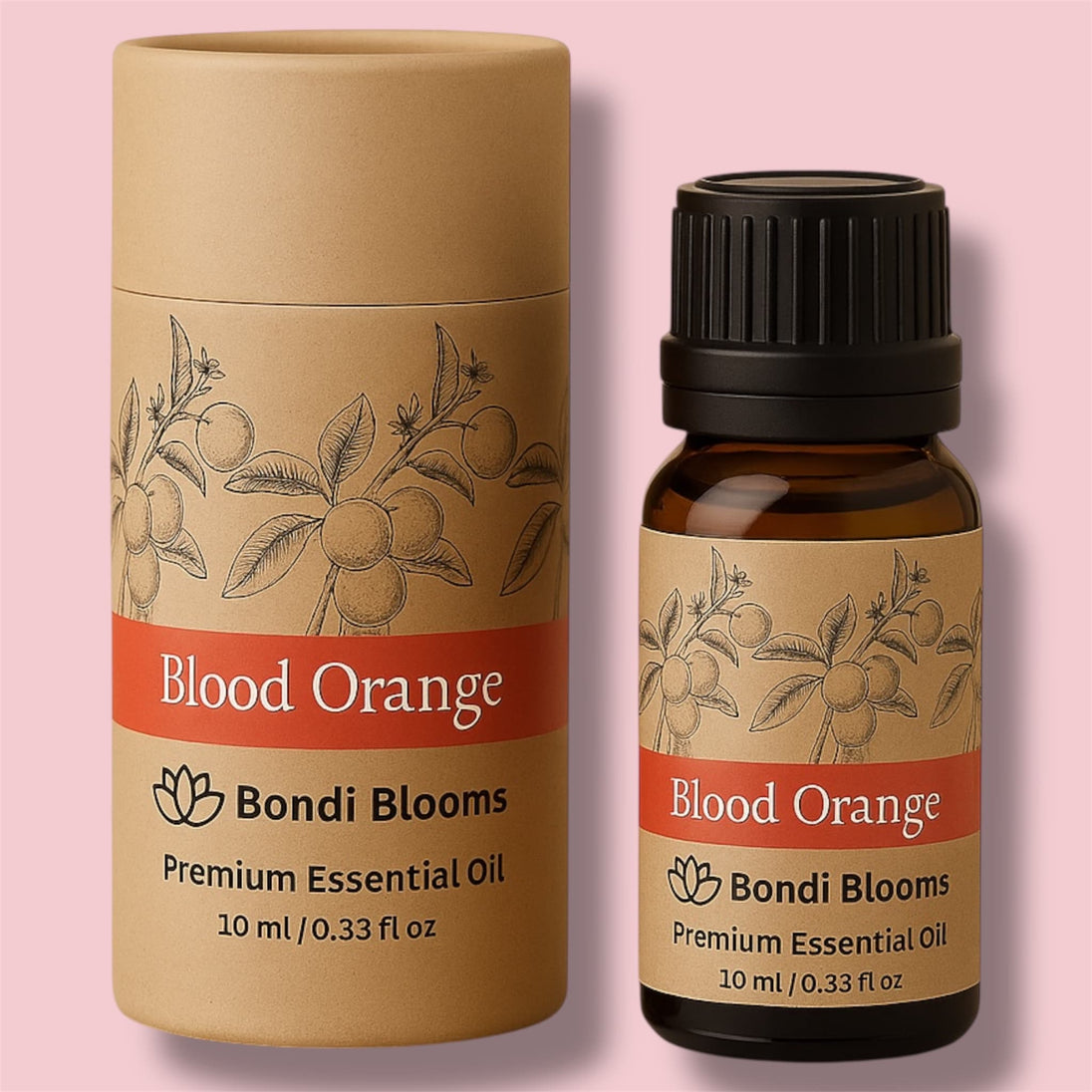 Blood Orange Essential Oil – Uplifting Citrus Aroma oil packaging on a pink background representing best PURE UNDILUTED blood orange essential oil Citrus sinensis Blood Orange Oil – Energising, Fresh, Premium Grade
