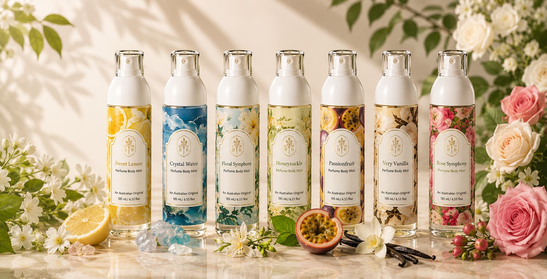 Bubble Clinic luxury body mist collection featuring seven Australian-inspired botanical perfume mists with fresh citrus, floral, fruity and vanilla fragrances in elegant premium bottles.