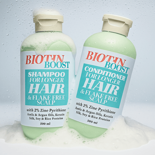 Biotin Boost shampoo and conditioner bottles on a white background