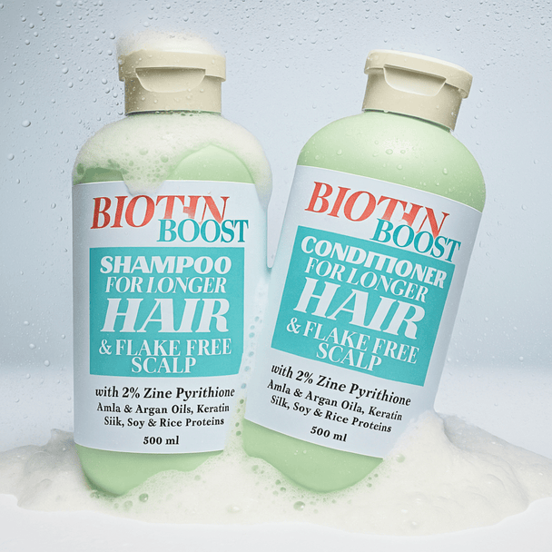 Biotin Boost shampoo and conditioner bottles on a white background