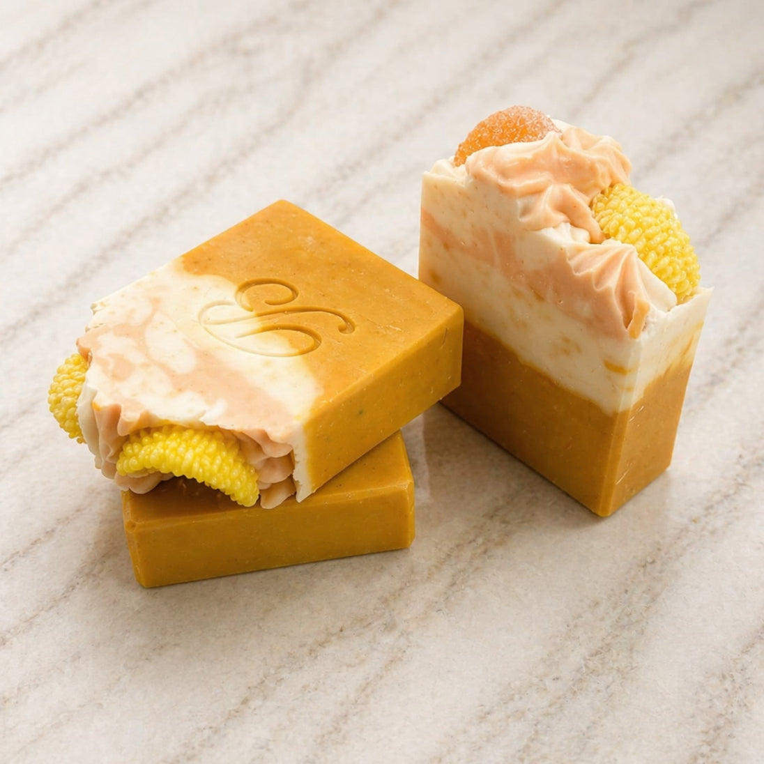 two Handmade Kojic Acid Niacinamide Turmeric Soap for hyperpigmentation, acne prone skin and uneven skin tone – Australian made on white backdrop for maximum skin glow.