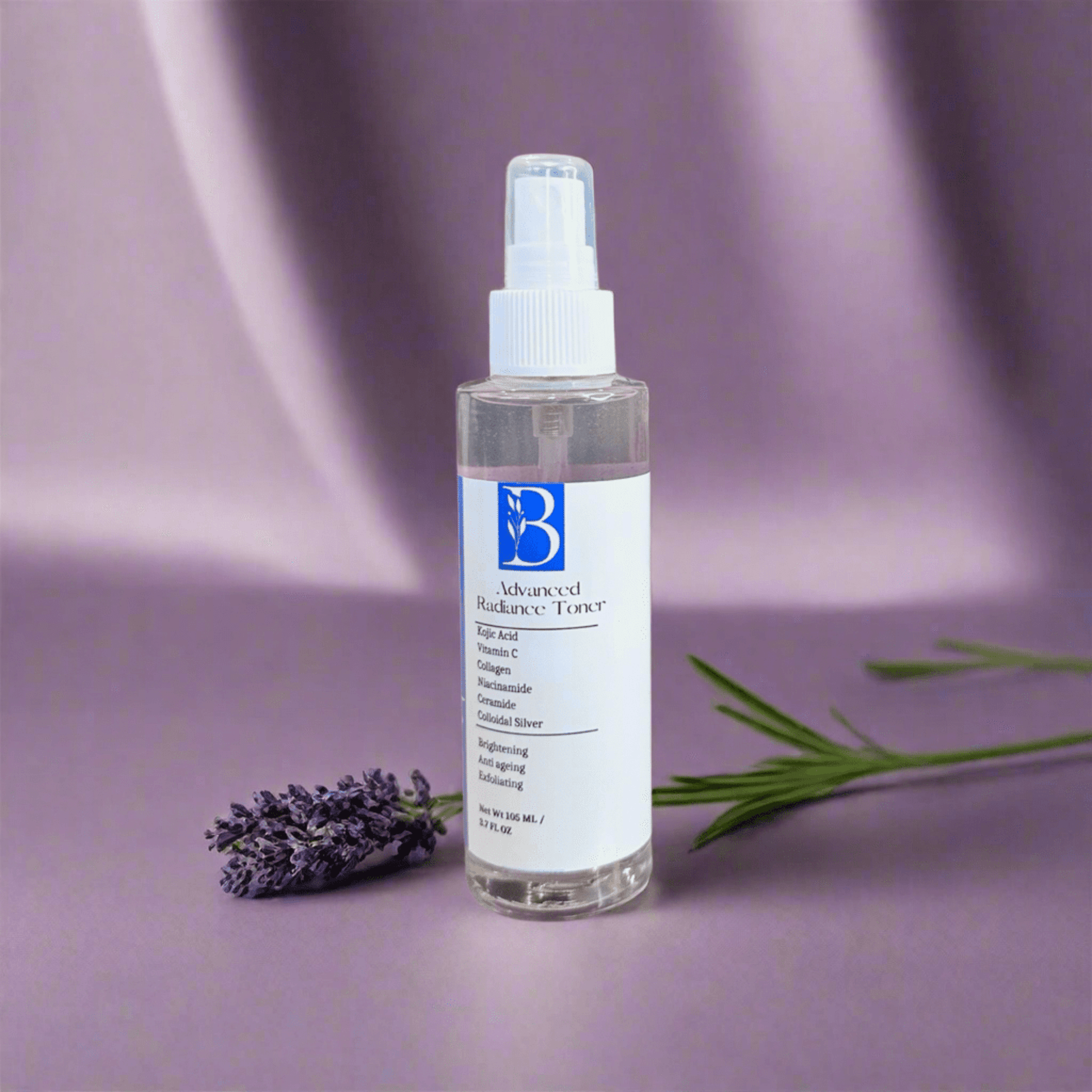 Brightening Toner on Violet Background with Lavender stem Highlighting powerful brightening and Soothing Benefits