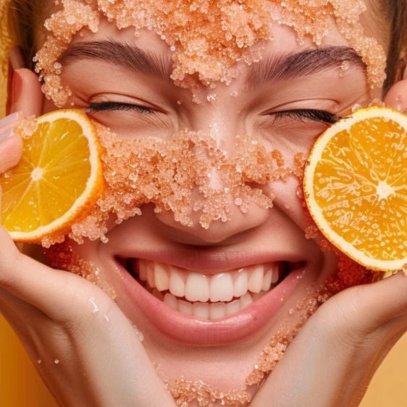 Close up of woman's face with natural skin brightening scrub on the face holding orange slices to her cheeks representing natural brightening vitamin c skincare.