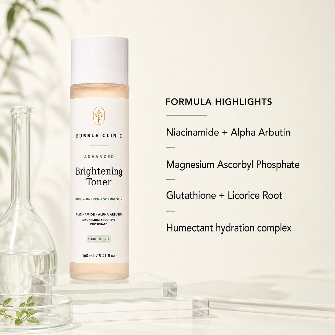 Bubble Clinic Advanced Brightening Toner bottle displayed on a clear acrylic stand with a formula highlights text overlay on a warm off-white background.