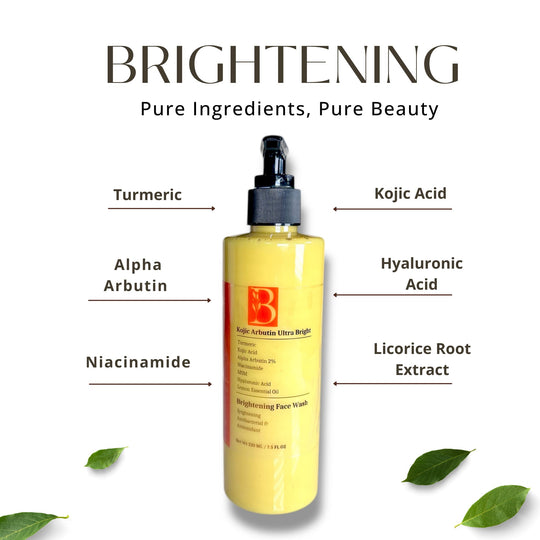 Brightening natural cleanser bottle with listed key ingredient labels: Kojic Acid, Organic Turmeric, Alpha Arbutin and more.