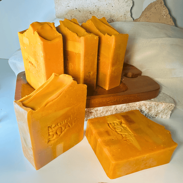 bright yellow, brightening turmeric and Kojic Acid soap bars, Australian made with organic butters and essential oils.