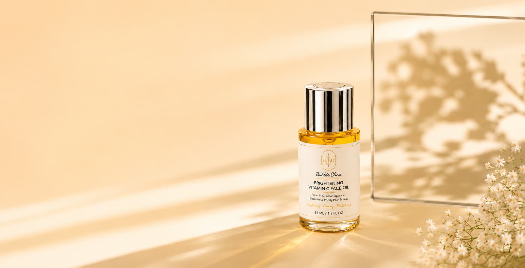 bottle of vitamin c oil for radiant, glowing skin with bisabolol, squalane and bisabolol on a yellow decorative background representing best face oil with vitamin c Australia. 