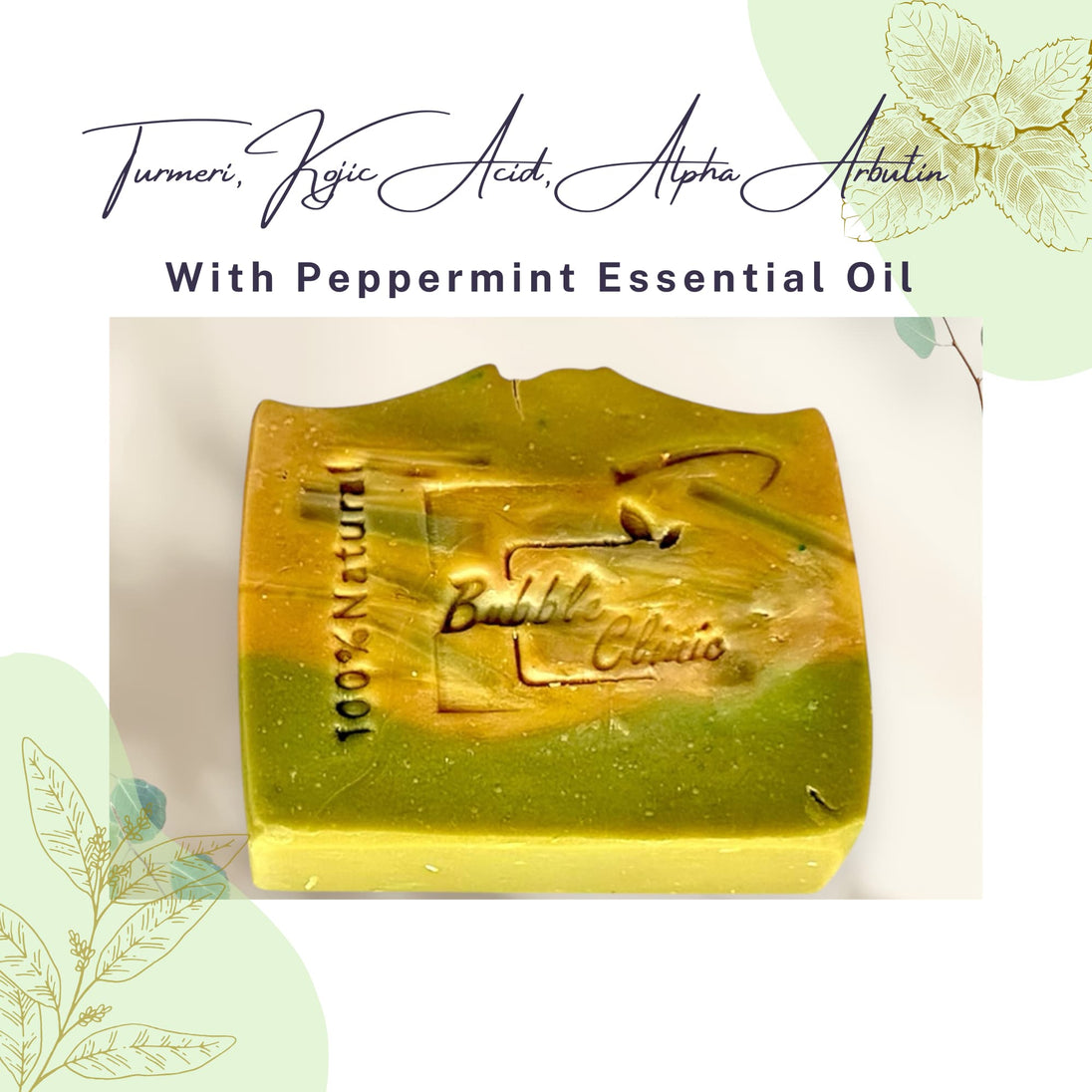 Natural, organic brightening soap bar with a bright yellow hue from organic turmeric. Listing powerful brightening ingredients: turmeric, Kojic Acid, Alpha Arbuting and Essential Oils.