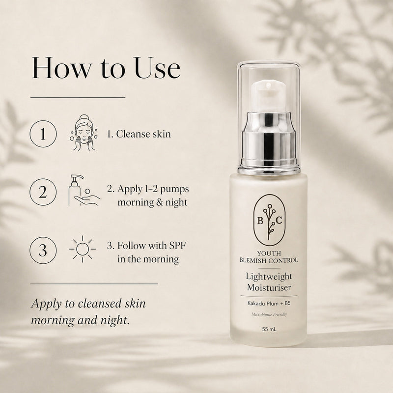 How to use Bubble Clinic lightweight acne-prone skin moisturiser morning and night with SPF – Kakadu Plum + B5