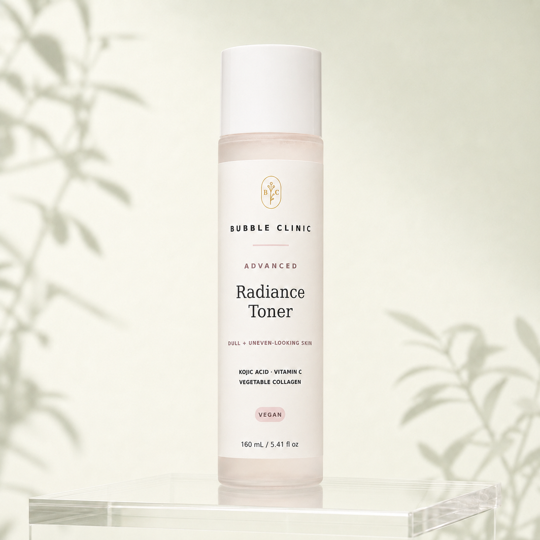 Bubble Clinic Advanced Radiance Toner in a tall frosted bottle with a white cap and muted blush label