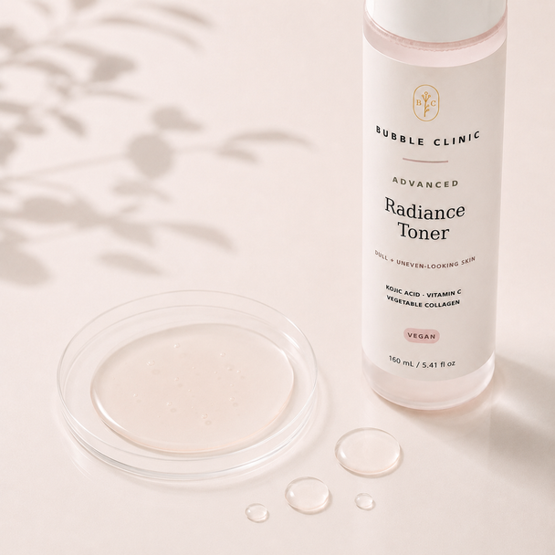 Advanced Radiance Toner lightweight formula texture beside the muted-blush-labelled frosted bottle