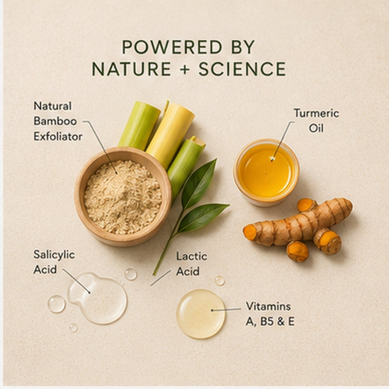Exfoliating facial cream ingredients bamboo salicylic acid lactic acid turmeric oil and vitamins