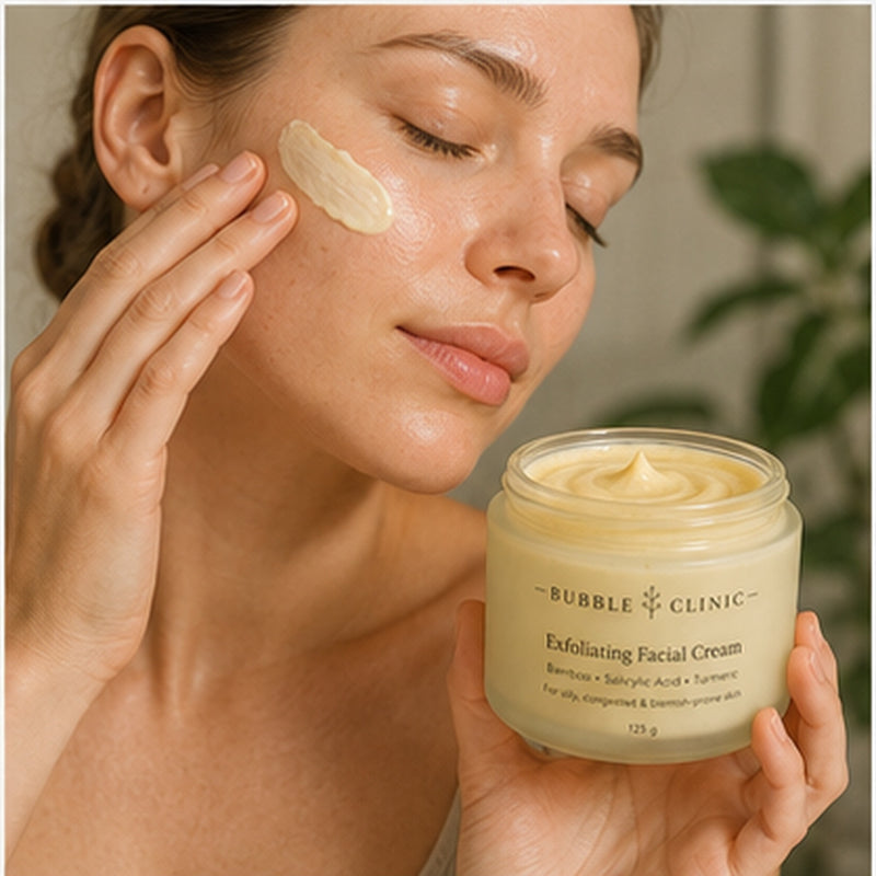 Person applying lightweight exfoliating facial cream for smoother clearer looking skin