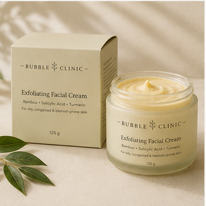 Bubble Clinic exfoliating facial cream 125 g jar and carton packaging