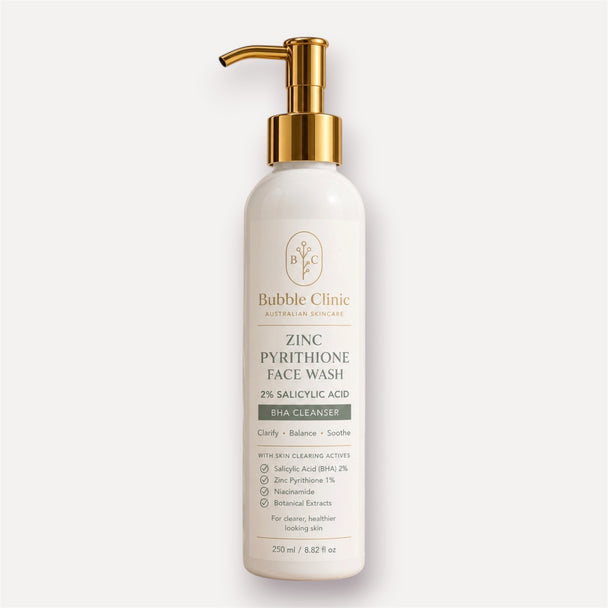 Bubble Clinic fragrance-free Zinc Pyrithione Face Wash with 2% salicylic acid BHA in opaque white 250 mL pump bottle
