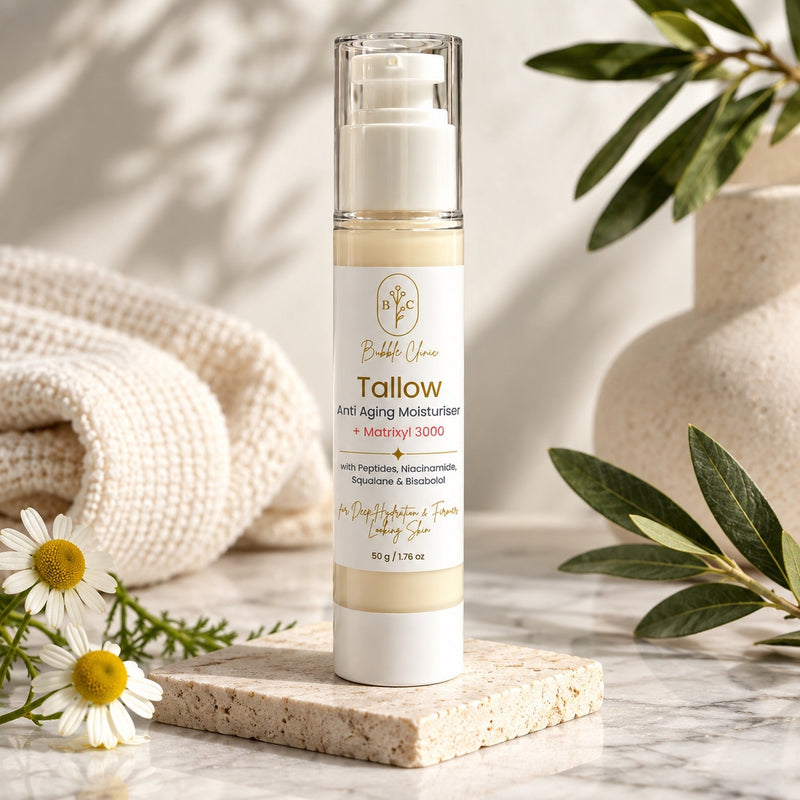 Bubble Clinic grass-fed tallow face cream with Matrixyl 3000 peptides niacinamide squalane and bisabolol