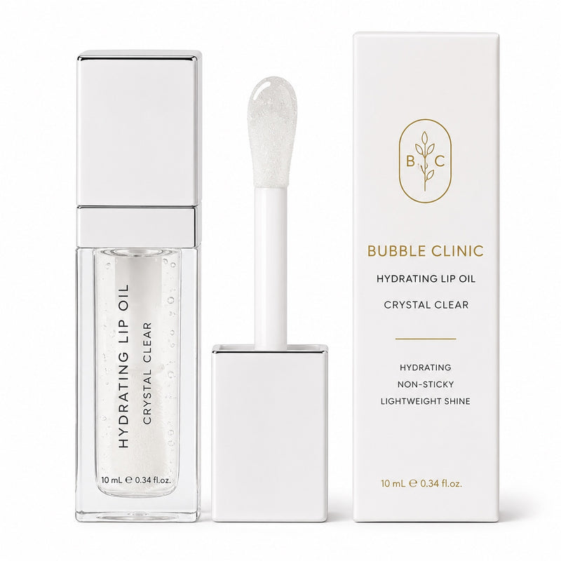 Bubble Clinic Crystal Clear Hydrating Lip Oil with applicator and white carton