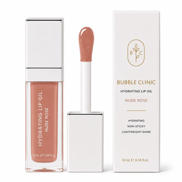 Bubble Clinic Hydrating Lip Oil in Nude Rose with applicator and white carton