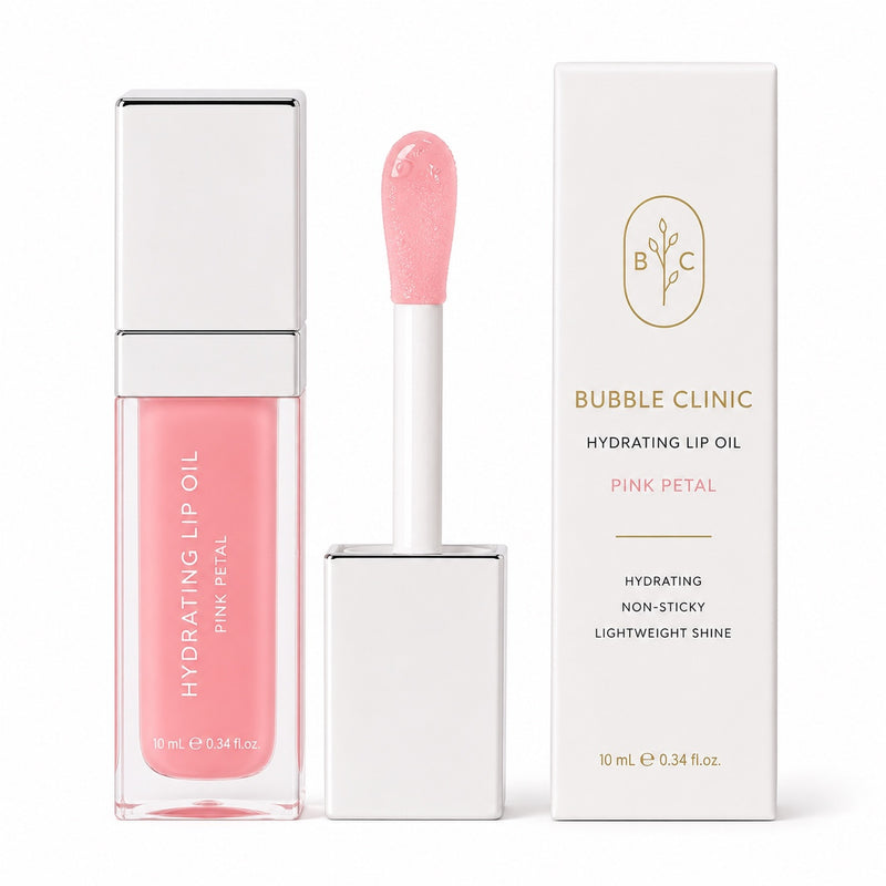 Bubble Clinic Hydrating Lip Oil in Pink Petal with applicator and white carton