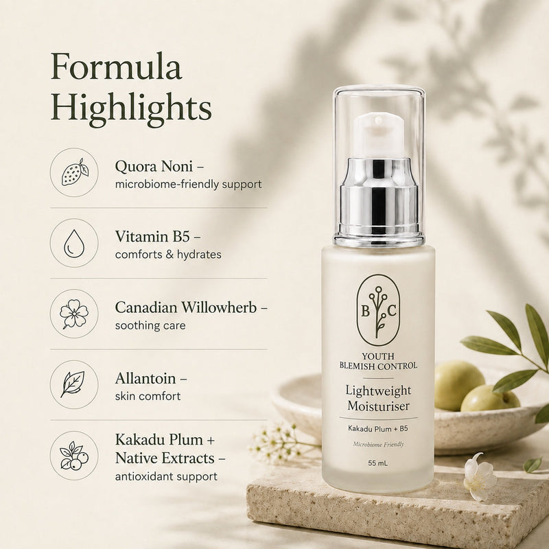 Microbiome moisturiser for blemish-prone skin with Quora Noni, vitamin B5, willowherb and Kakadu plum – Bubble Clinic