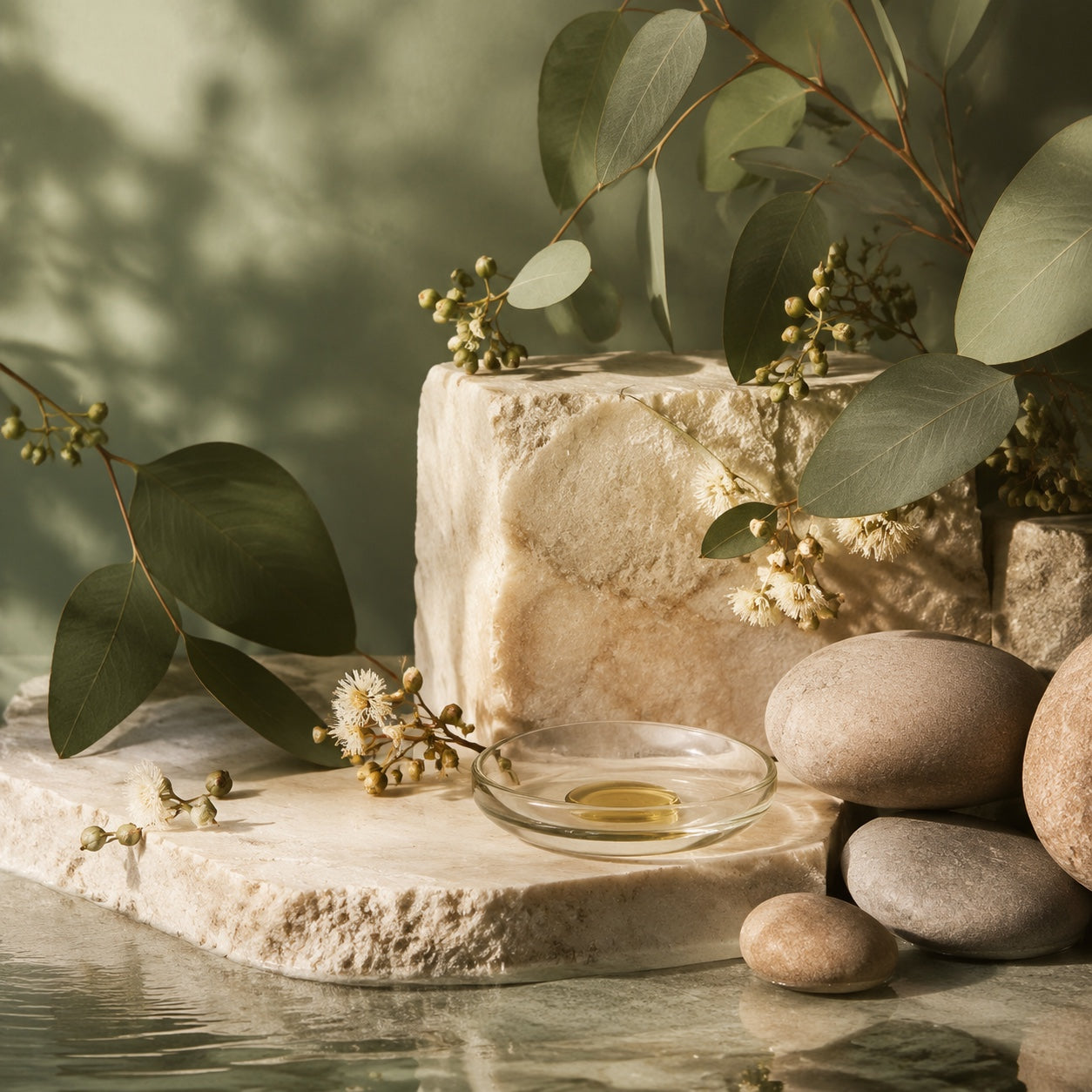 Australian eucalyptus, botanical oil and natural stone arranged in a muted sage still life