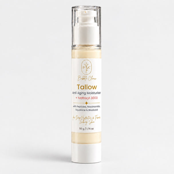 Bubble Clinic grass-fed tallow moisturiser Australia with Matrixyl 3000 peptides, niacinamide and squalane