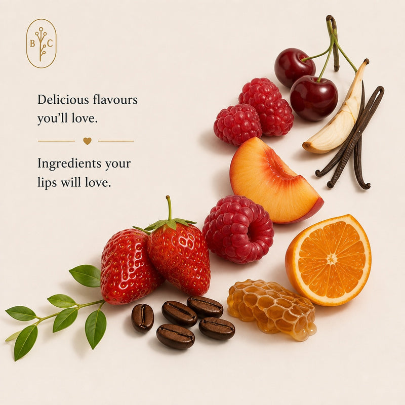 Flavoured tinted lip balm ingredients with strawberry, cherry, peach, raspberry, orange, coffee, vanilla and honey