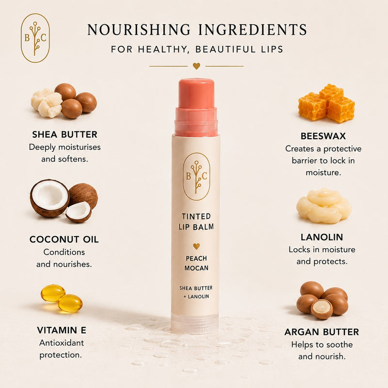 Moisturising tinted lip balm with shea butter, coconut oil, beeswax, lanolin, argan butter and vitamin E