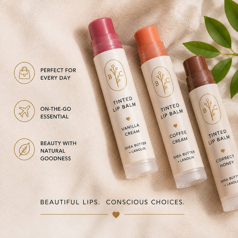 Bubble Clinic tinted lip balms in Vanilla Cream, Coffee Mocha and Honey Caramel for everyday lip care