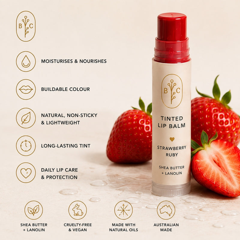 Strawberry Ruby tinted lip balm with buildable colour, shea butter, lanolin and natural oils