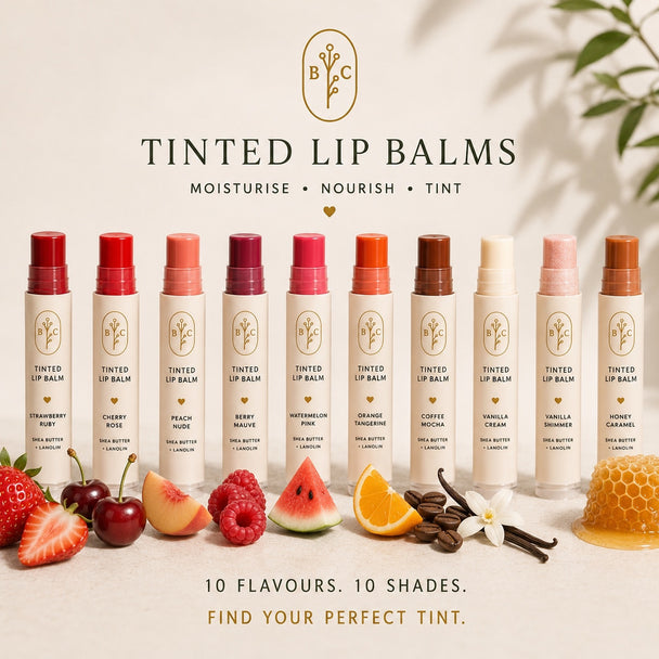 Bubble Clinic tinted lip balm collection with 10 flavours and shades including strawberry, cherry, peach, berry, watermelon, orange, coffee, vanilla and honey