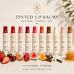 Bubble Clinic tinted lip balm collection with 10 flavours and shades including strawberry, cherry, peach, berry, watermelon, orange, coffee, vanilla and honey