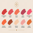 Bubble Clinic tinted lip balm shade guide with matte-look swatches for Strawberry Ruby, Cherry Rose, Peach Nude, Berry Mauve, Watermelon Pink, Orange Tangerine, Coffee Mocha, Vanilla Cream, Vanilla Shimmer and Honey Caramel