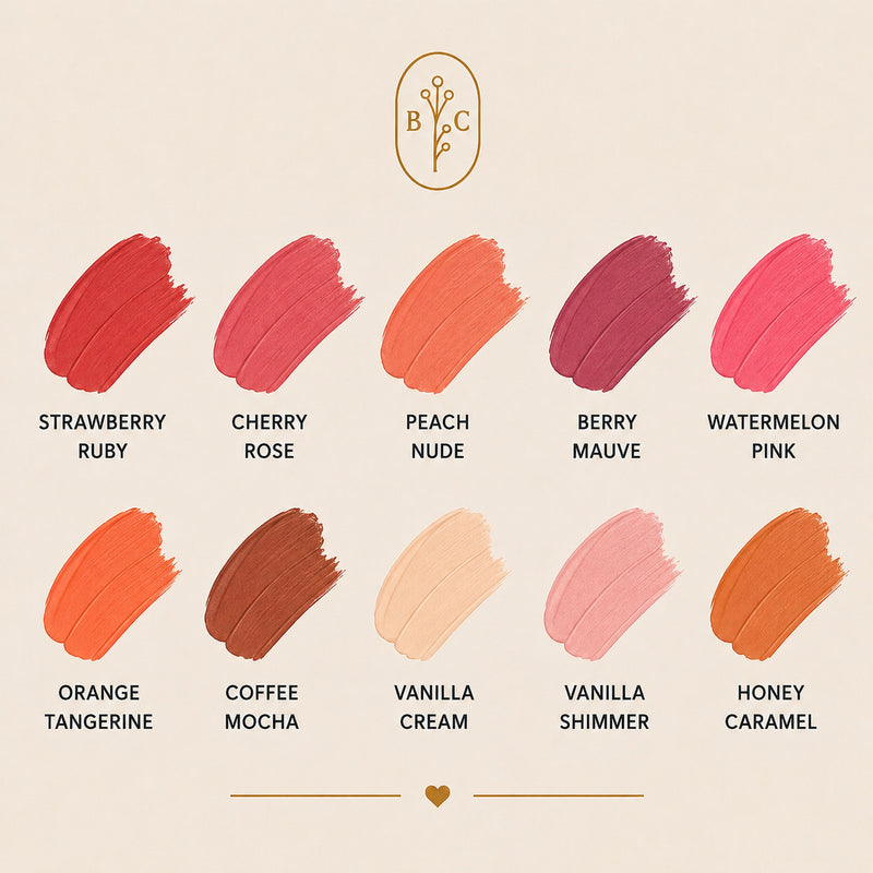 Bubble Clinic tinted lip balm shade guide with matte-look swatches for Strawberry Ruby, Cherry Rose, Peach Nude, Berry Mauve, Watermelon Pink, Orange Tangerine, Coffee Mocha, Vanilla Cream, Vanilla Shimmer and Honey Caramel