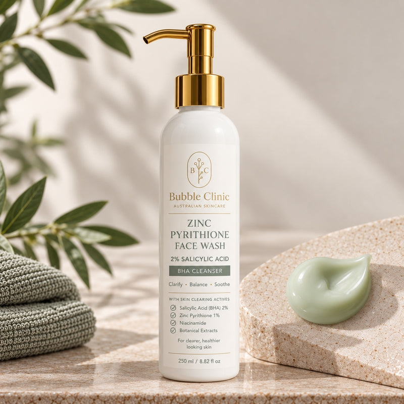 Bubble Clinic fragrance-free Zinc Pyrithione Face Wash 250 mL with 2% salicylic acid BHA and pale sage cleanser texture