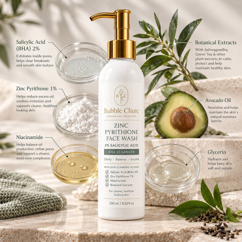 Bubble Clinic fragrance-free Zinc Pyrithione Face Wash hero ingredients with 2% salicylic acid, niacinamide, avocado oil, glycerin and botanical extracts