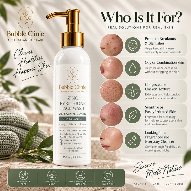 Bubble Clinic fragrance-free Zinc Pyrithione Face Wash for oily, combination, congested and blemish-prone skin with 2% salicylic acid BHA