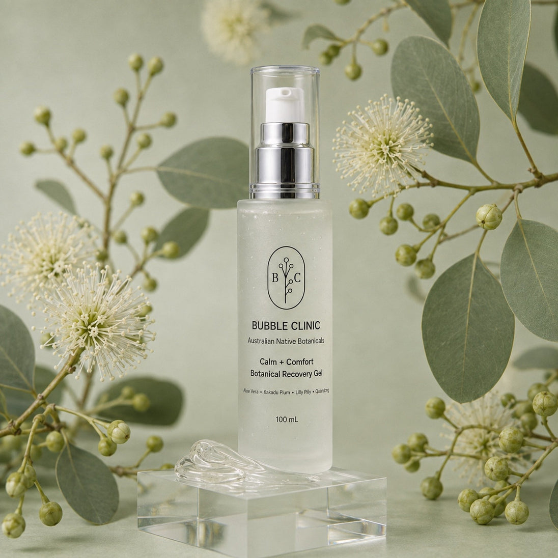 Bubble Clinic Calm + Comfort Botanical Recovery Gel 100 mL with clear aloe gel and Australian native botanical styling