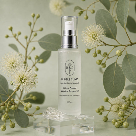 Bubble Clinic Calm + Comfort Botanical Recovery Gel 100 mL with clear aloe gel and Australian native botanical styling